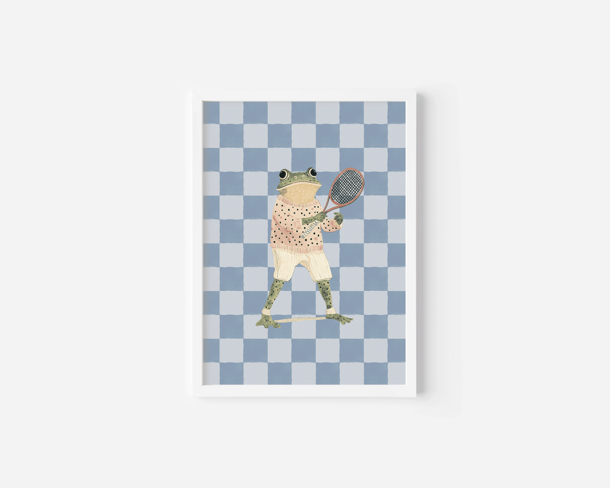 Whimsical frog nursery  canvas wall art print with a white frame featuring a tennis racket, preppy animal artwork for baby or toddler room