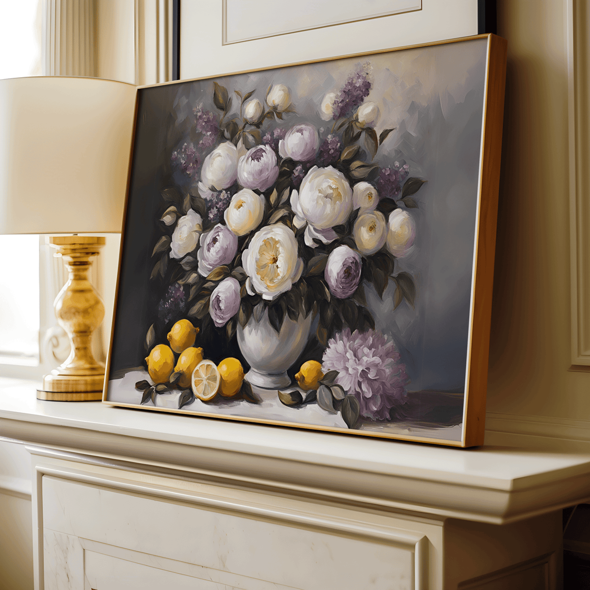 Close-up of a framed purple and white peony still life print on a fireplace mantel in a modern living room