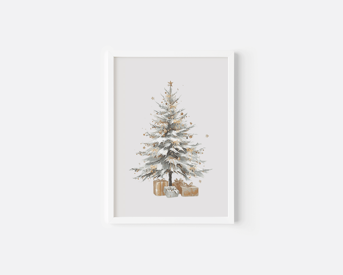 White framed Christmas tree print with soft green, white and gold tones