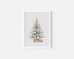White framed Christmas tree print with soft green, white and gold tones