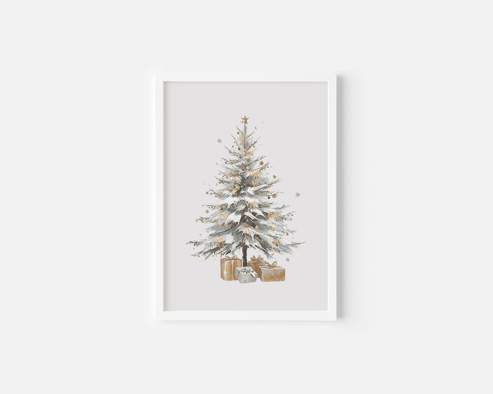 White framed neutral Christmas tree wall art with soft green, white, and gold tones ideal for elegant winter holiday home decor