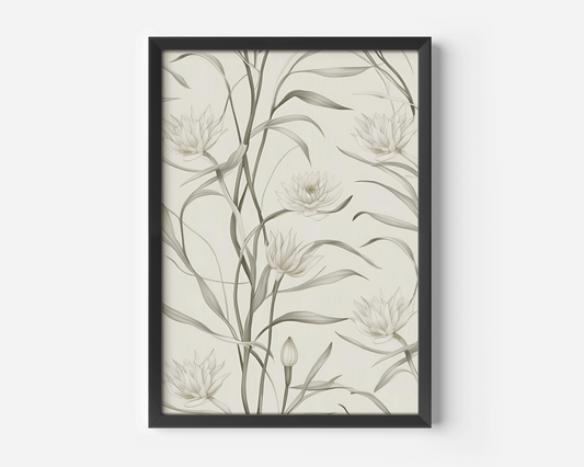 Close-up of black-framed canvas wall art with white lotus flowers and muted sage leaves