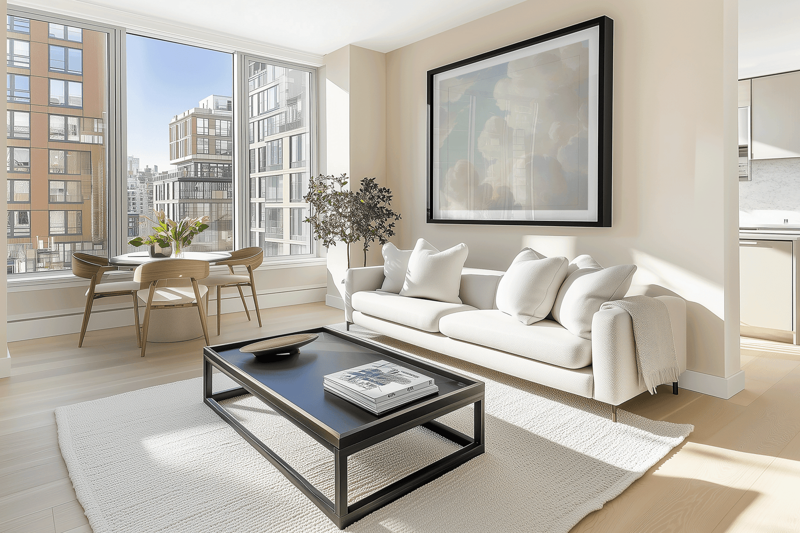 Oversized framed cloud wall art in bright condo or apartment living room with city views