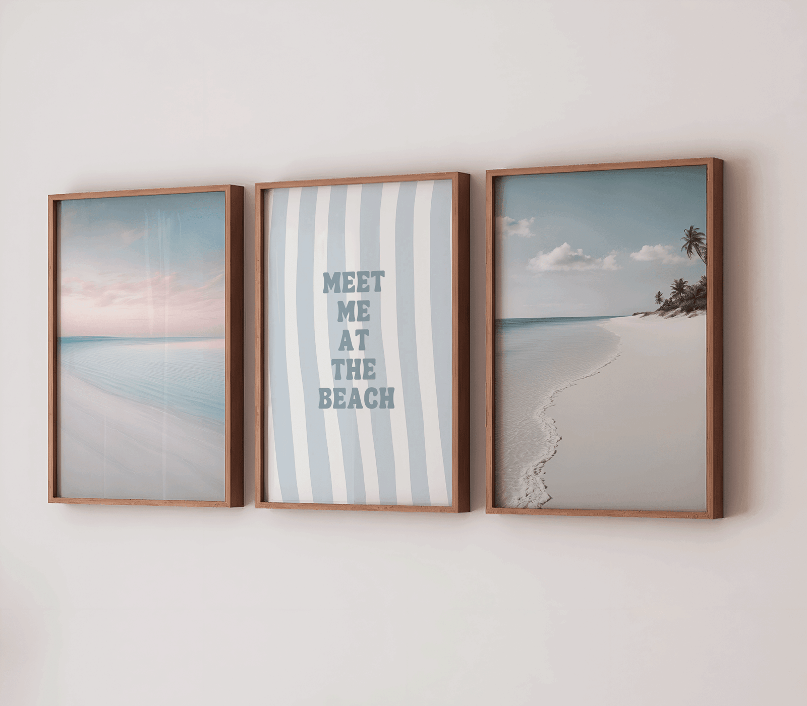 modern coastal triptych wall art set of 3 including shoreline print, soft pastels, and beach typography for airy interiors