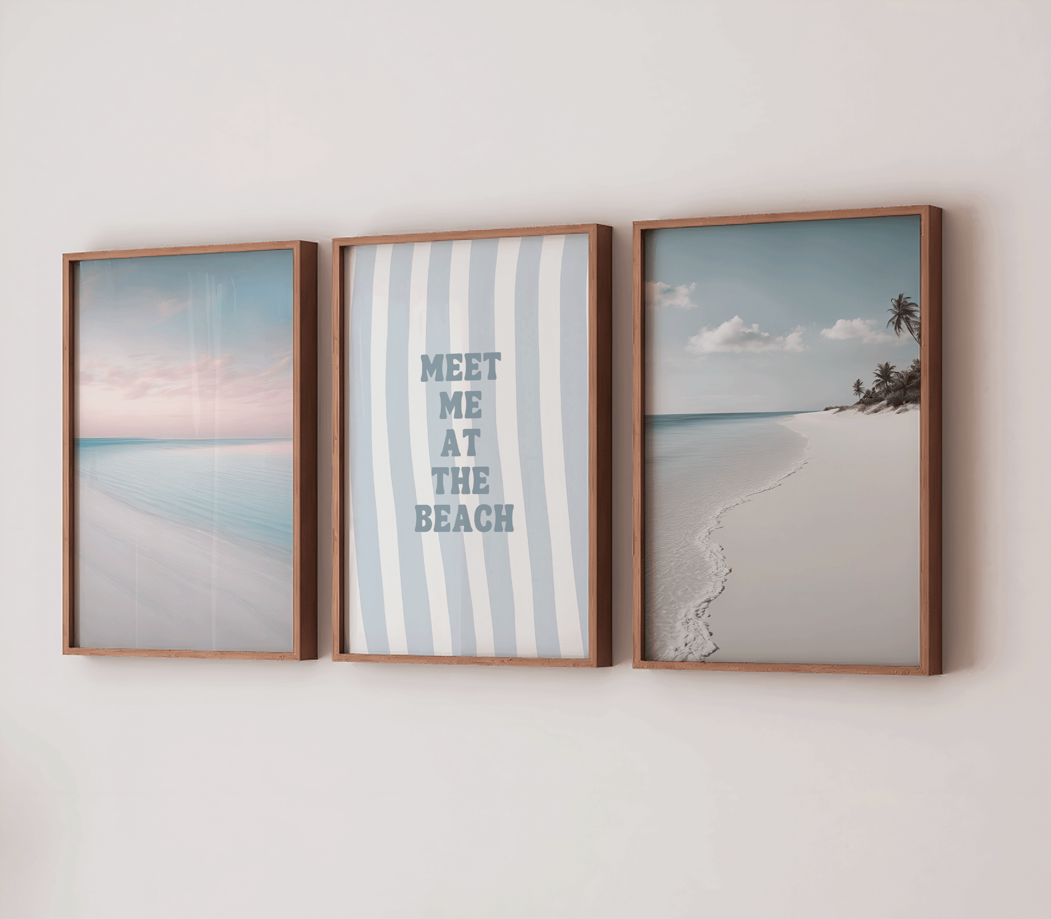 modern coastal triptych wall art set of 3 including shoreline print, soft pastels, and beach typography for airy interiors