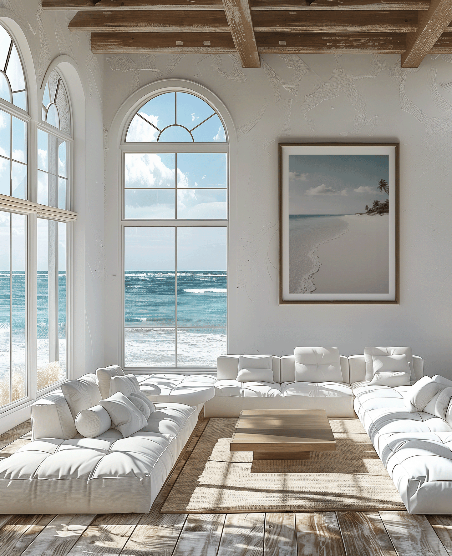 large muted beach wall art in coastal living room overlooking ocean, relaxed luxury beach house aesthetic