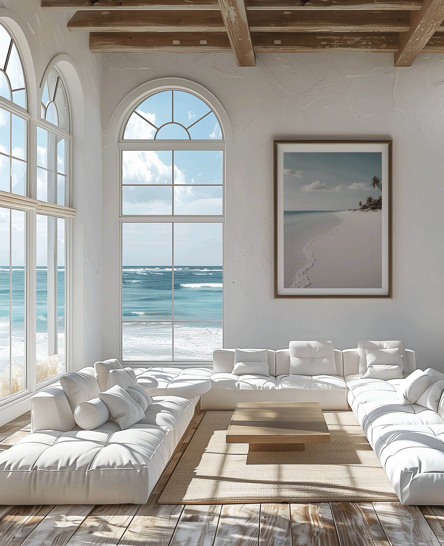 large muted beach wall art in coastal living room overlooking ocean, relaxed luxury beach house aesthetic