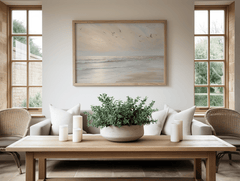 Neutral coastal wall art with serene ocean view and light sky framed in wood — perfect for dining room, living room, or coastal home decor