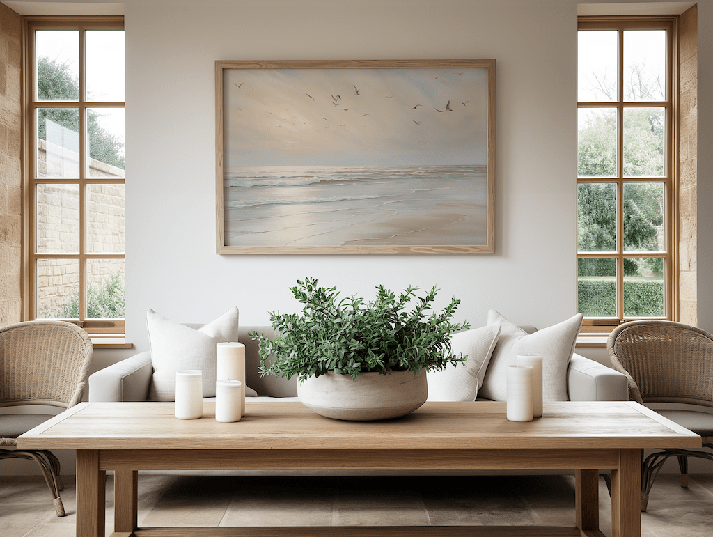Neutral coastal wall art with serene ocean view and light sky framed in wood — perfect for dining room, living room, or coastal home decor