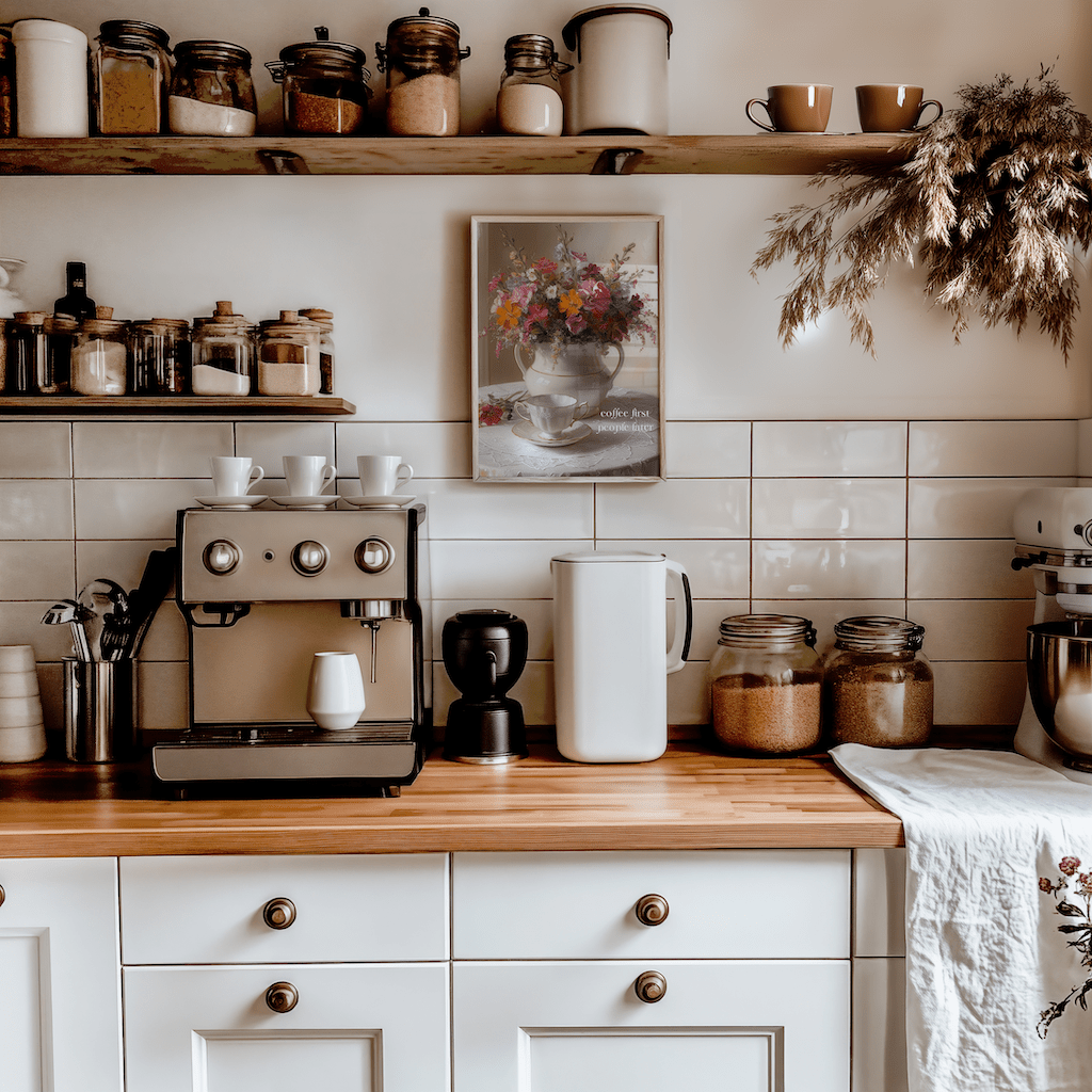 Coffee first, people later print in a rustic kitchen with open shelves and an espresso machine