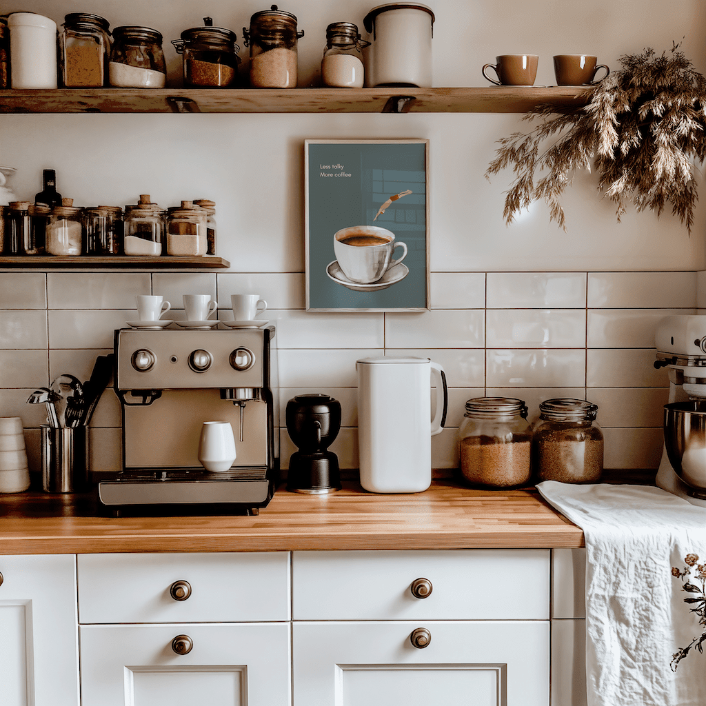 Funny coffee wall art in a natural wood frame in a rustic kitchen with an espresso machine and open shelves