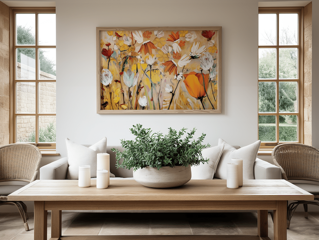 Colorful abstract floral wall art displayed above a neutral sofa in a bright living room