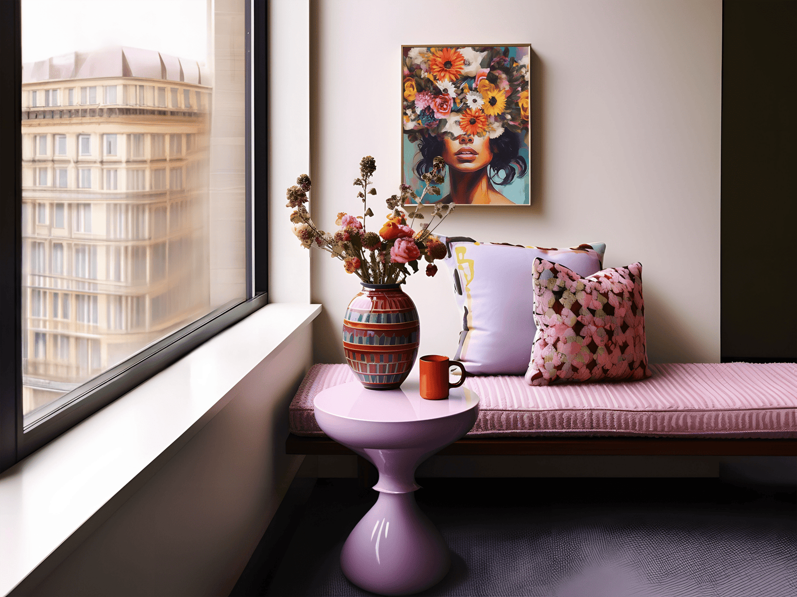 Bold colorful floral woman portrait wall art print framed on canvas, styled above a pink bench by window with pillows.