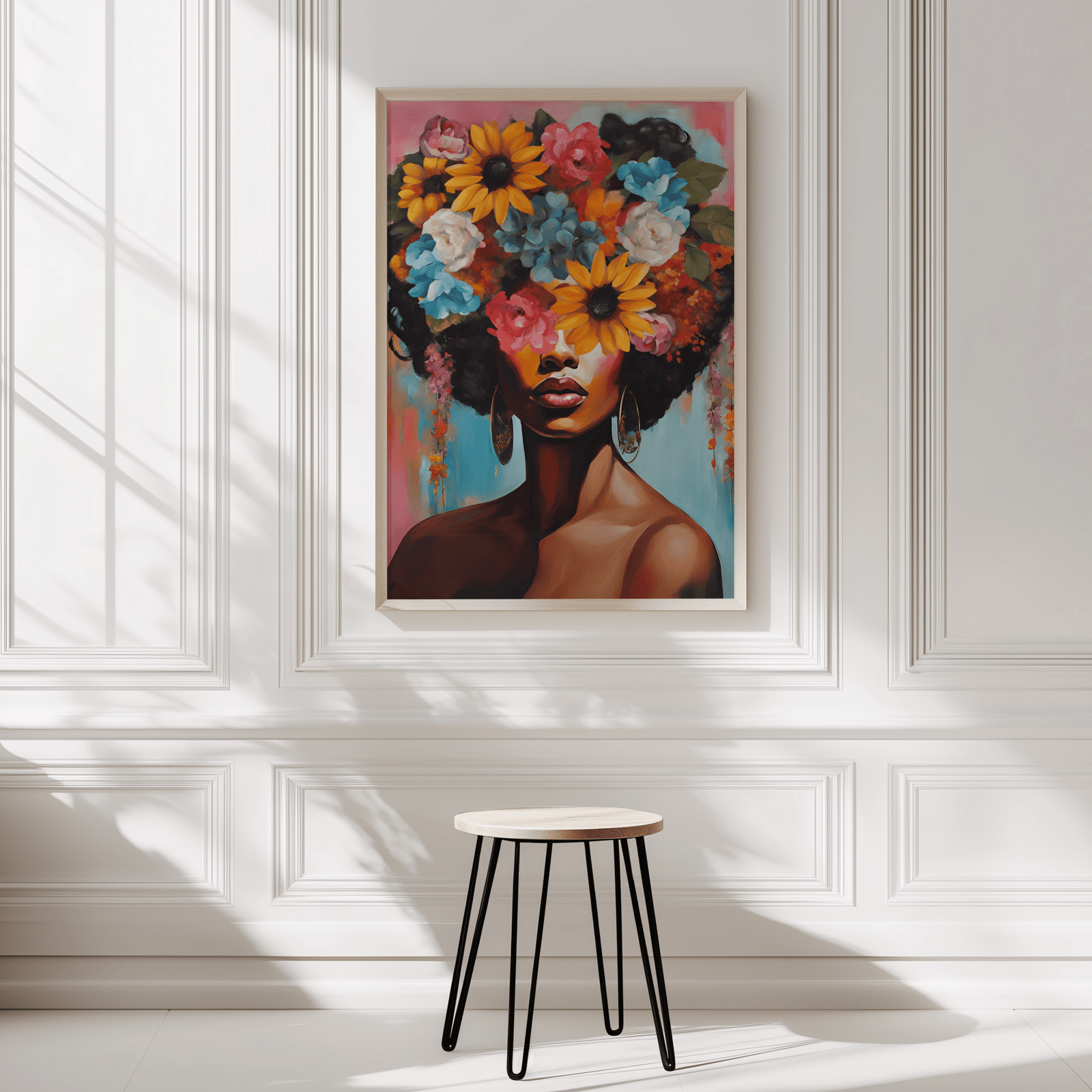 Colorful floral woman portrait framed wall art print featuring pink, blue, and coral flowers on neutral background. Perfect artwork for a contemporary living room, bedroom, office or creative studio space.