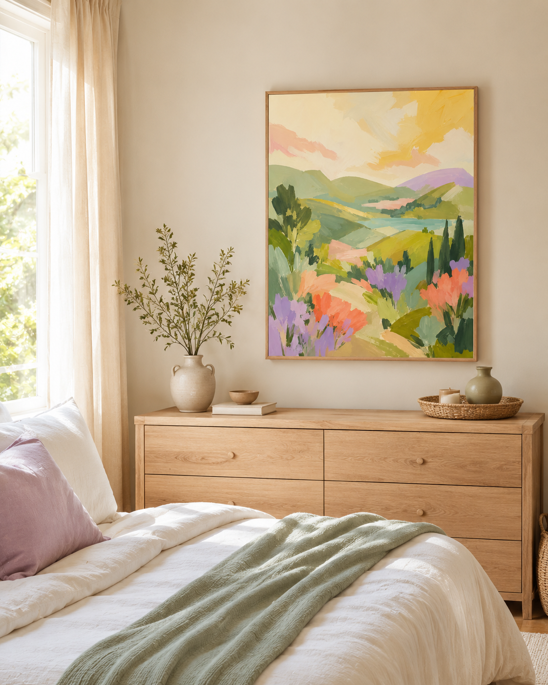 A colorful landscape art print in a light wood frame hangs on a beige wall above a wooden dresser in a styled bedroom setting.