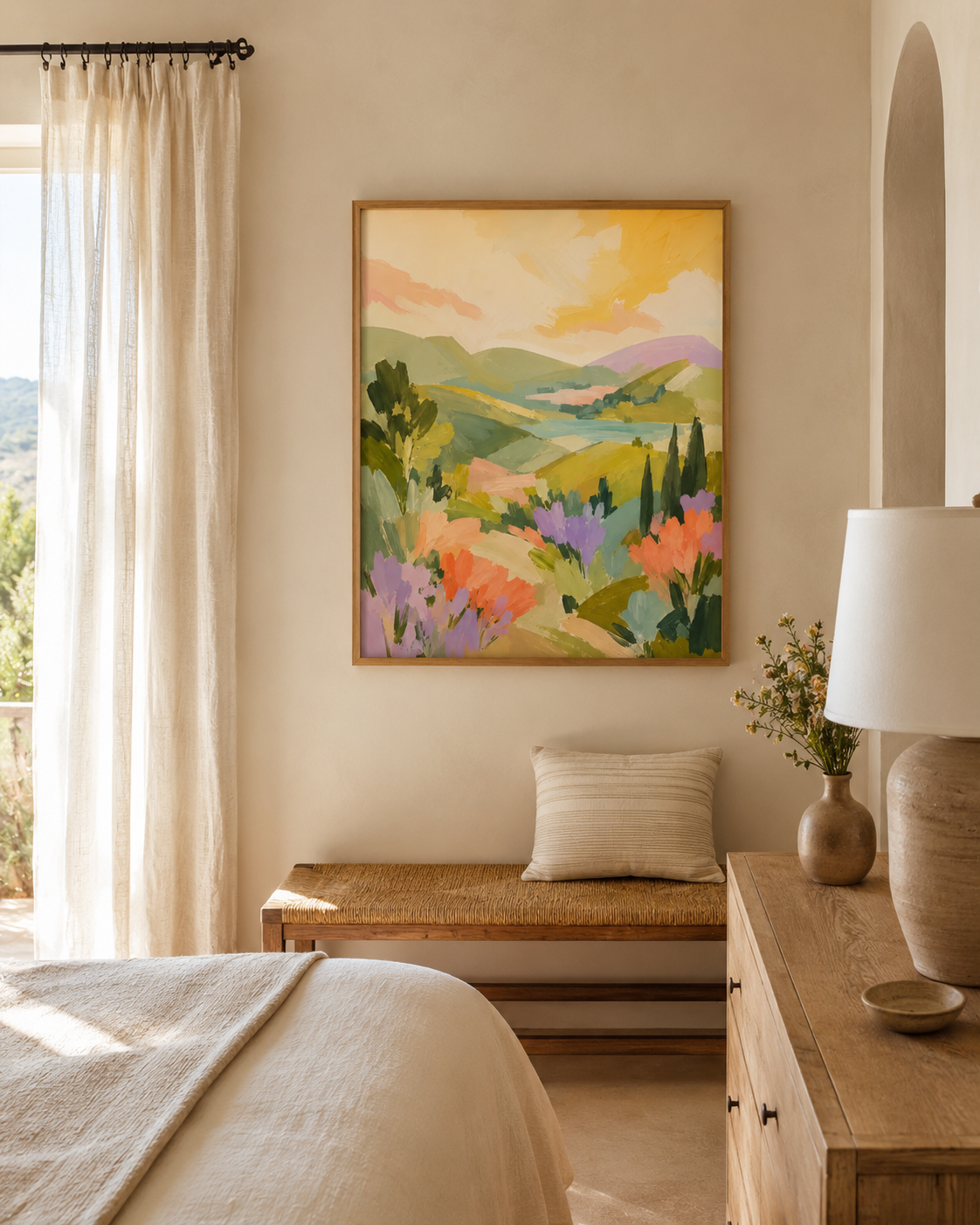 A framed landscape art print with colorful rolling hills and trees in green, yellow, pink, and purple, displayed on a beige wall in a styled bedroom setting above a wooden bench.