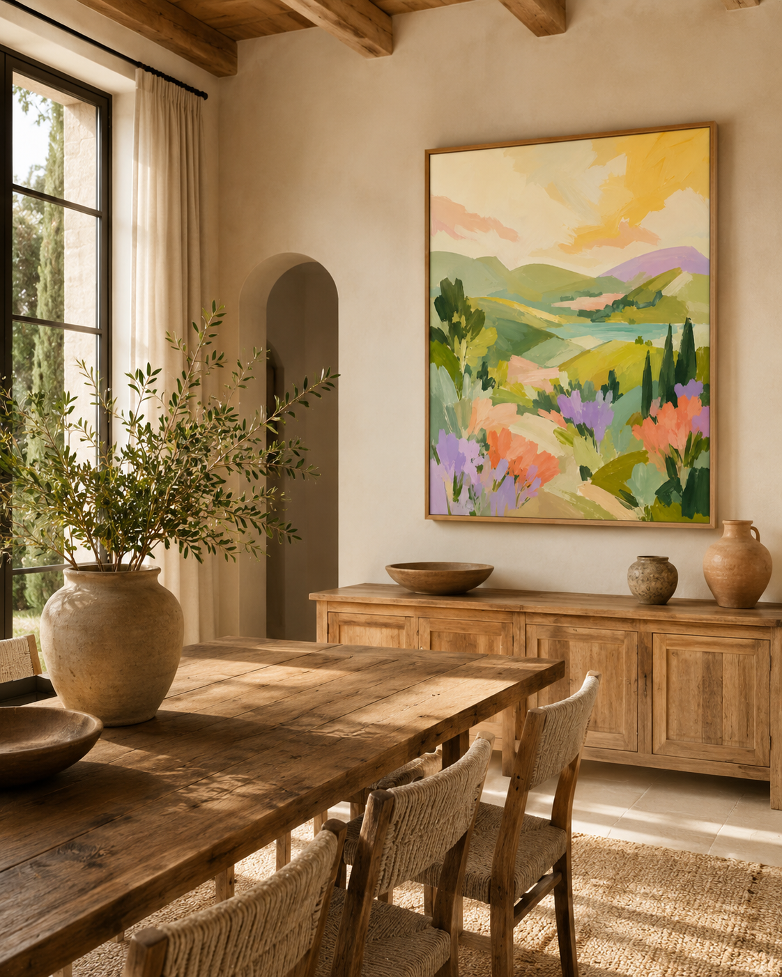 A framed landscape art print hangs on a beige wall in a rustic dining room setting with a wooden table, chairs, and a sideboard.