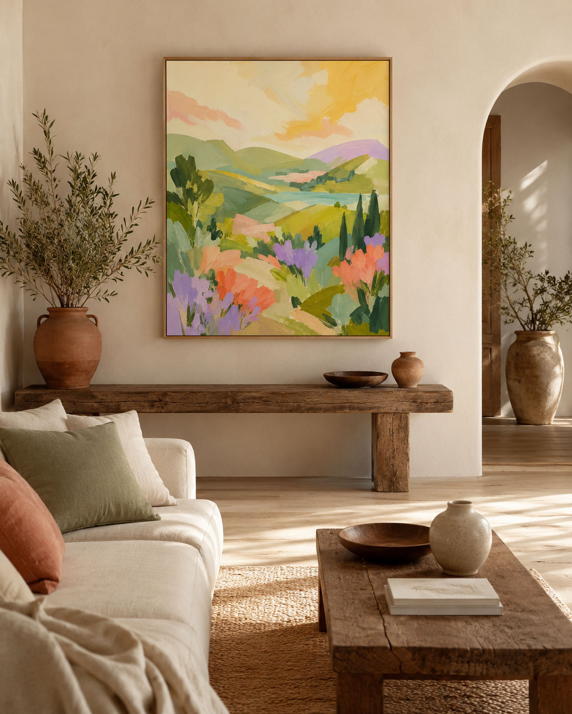 A framed landscape wall art print with soft pastel hills, trees, and flowers hangs on a beige wall above a rustic wooden bench in a styled living room.