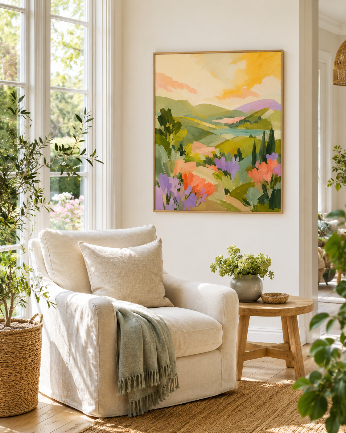 A framed landscape wall art print with vibrant green hills, purple flowers, and a yellow sky hangs on a white wall.