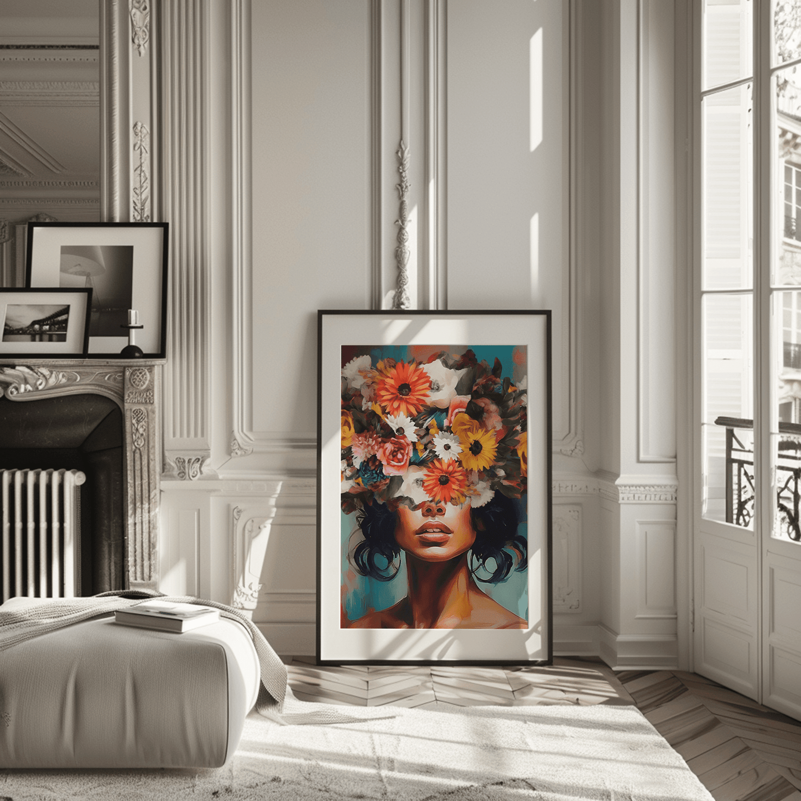 Large colorful floral portrait wall art print in black frame displayed in bright white living room with elegant decor.