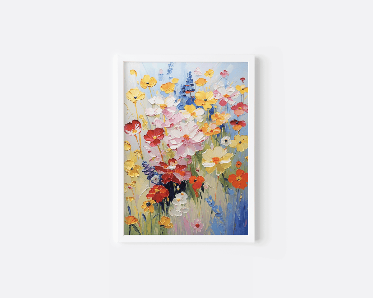 Colorful wildflower wall art print in a white frame with bold red, yellow, and pink flowers