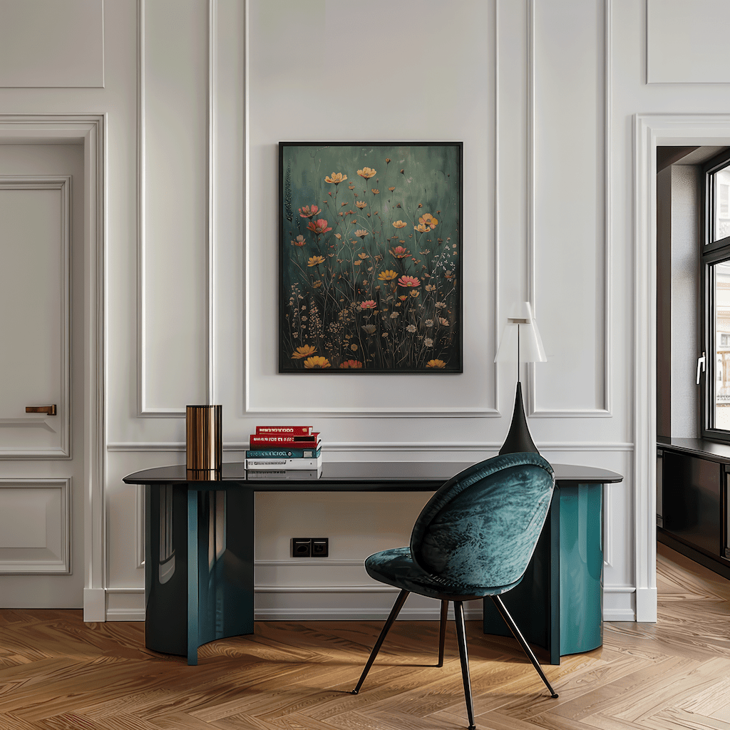 framed hunter green wildflower field wall art displayed above a sleek desk with books and a velvet green chair in a bright modern study