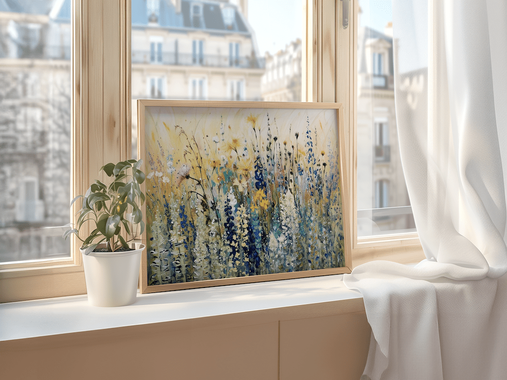 Framed colorful wildflower wall art on a windowsill with a view of buildings outside and natural light