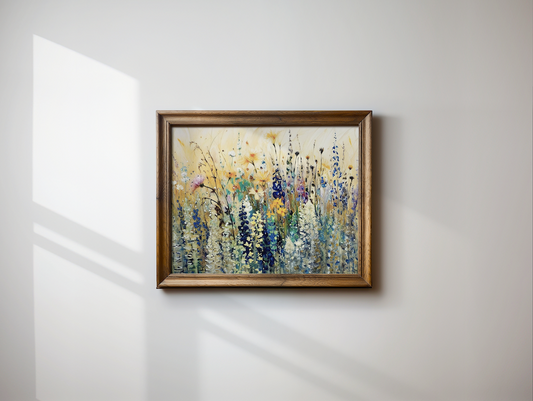Close-up product photo of colorful wildflower wall art framed print with abstract floral wildflower brushstrokes