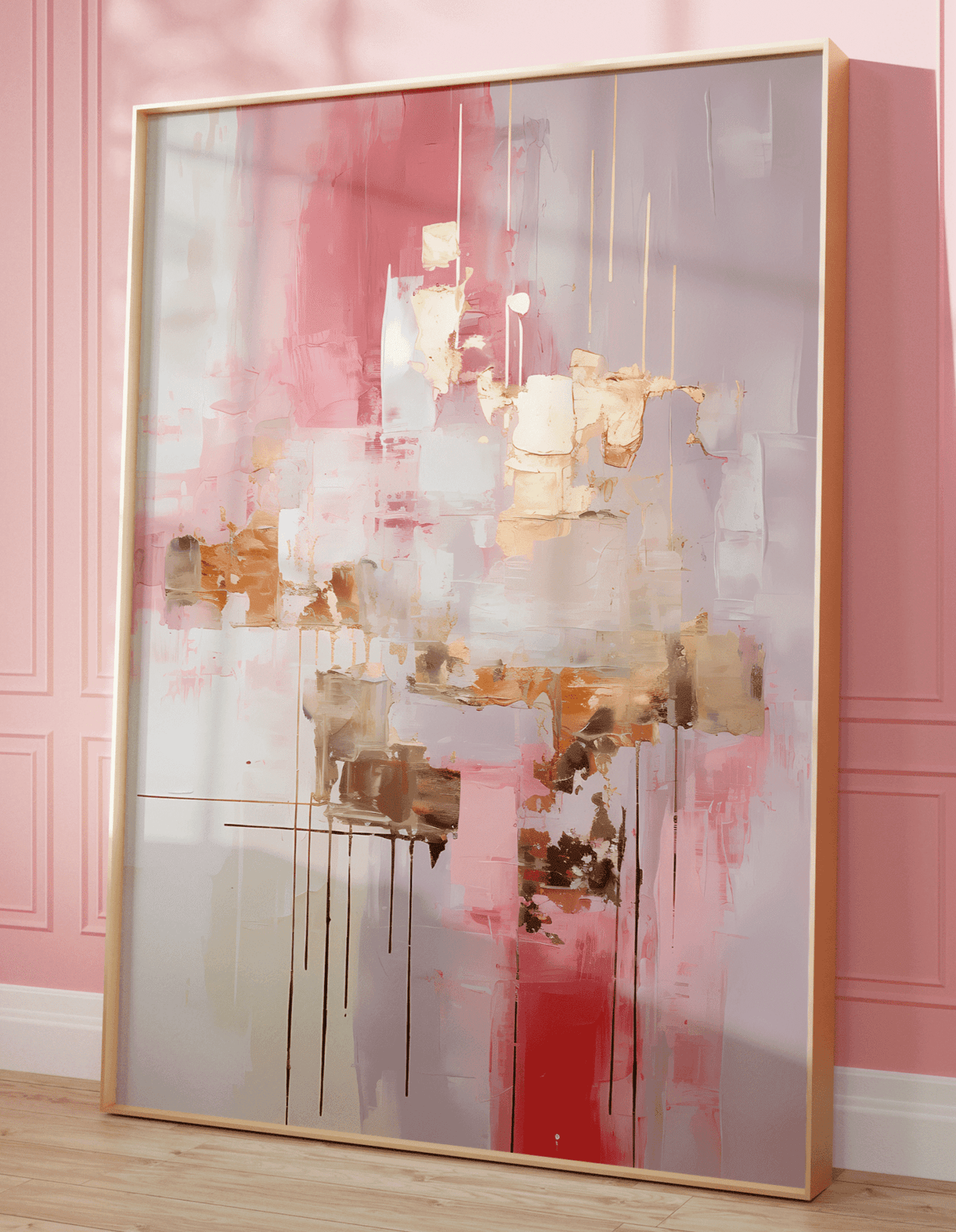 Contemporary abstract wall art with smooth blush pink and gold accents that look like foil, and creamy white featuring a gold frame. Faux texture with an oil-like painting style framed up against a pink wall on the floor.