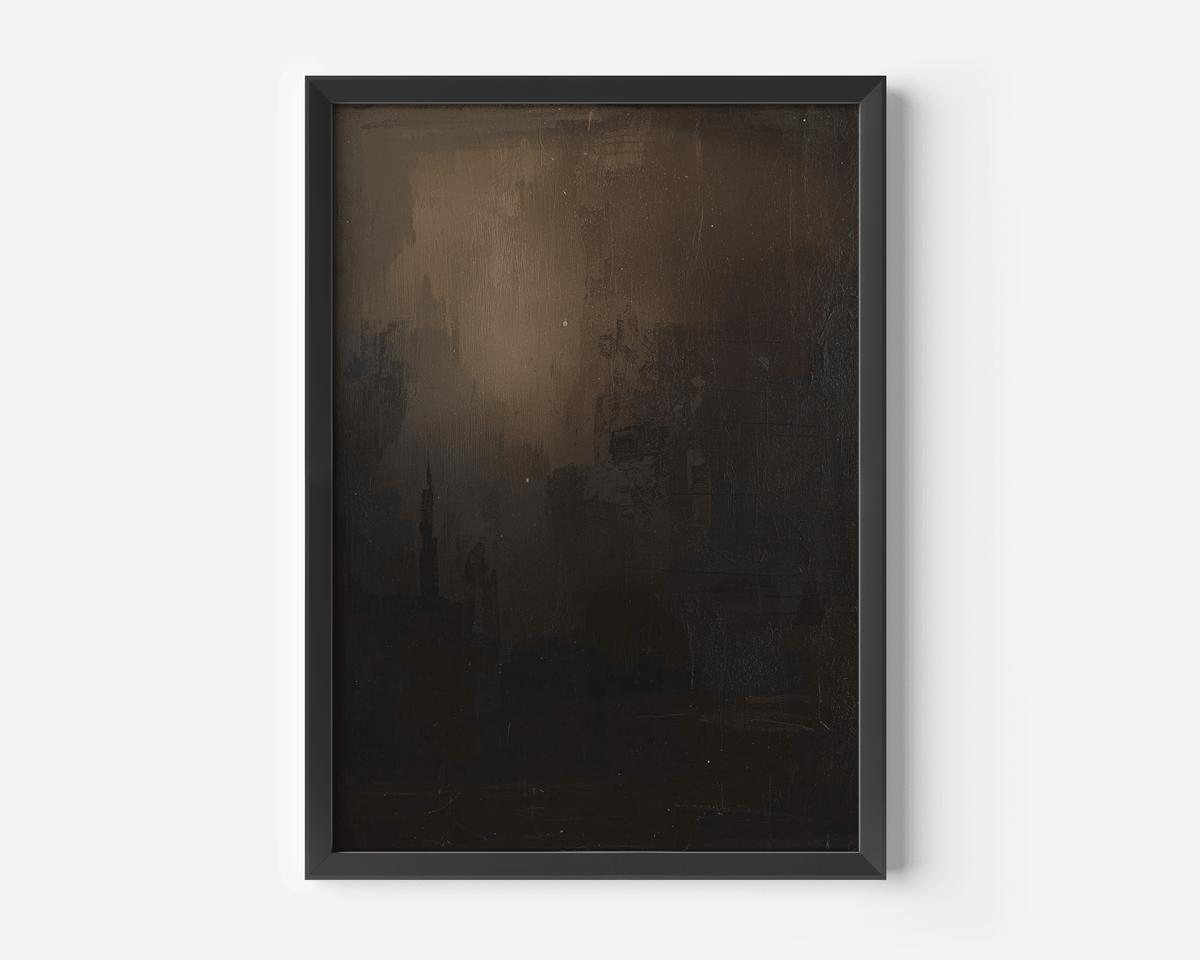 contemporary dark abstract framed canvas featuring layered black and brown tones with oil-painting texture, ideal for modern living rooms, minimalist interiors, entryways or dining rooms