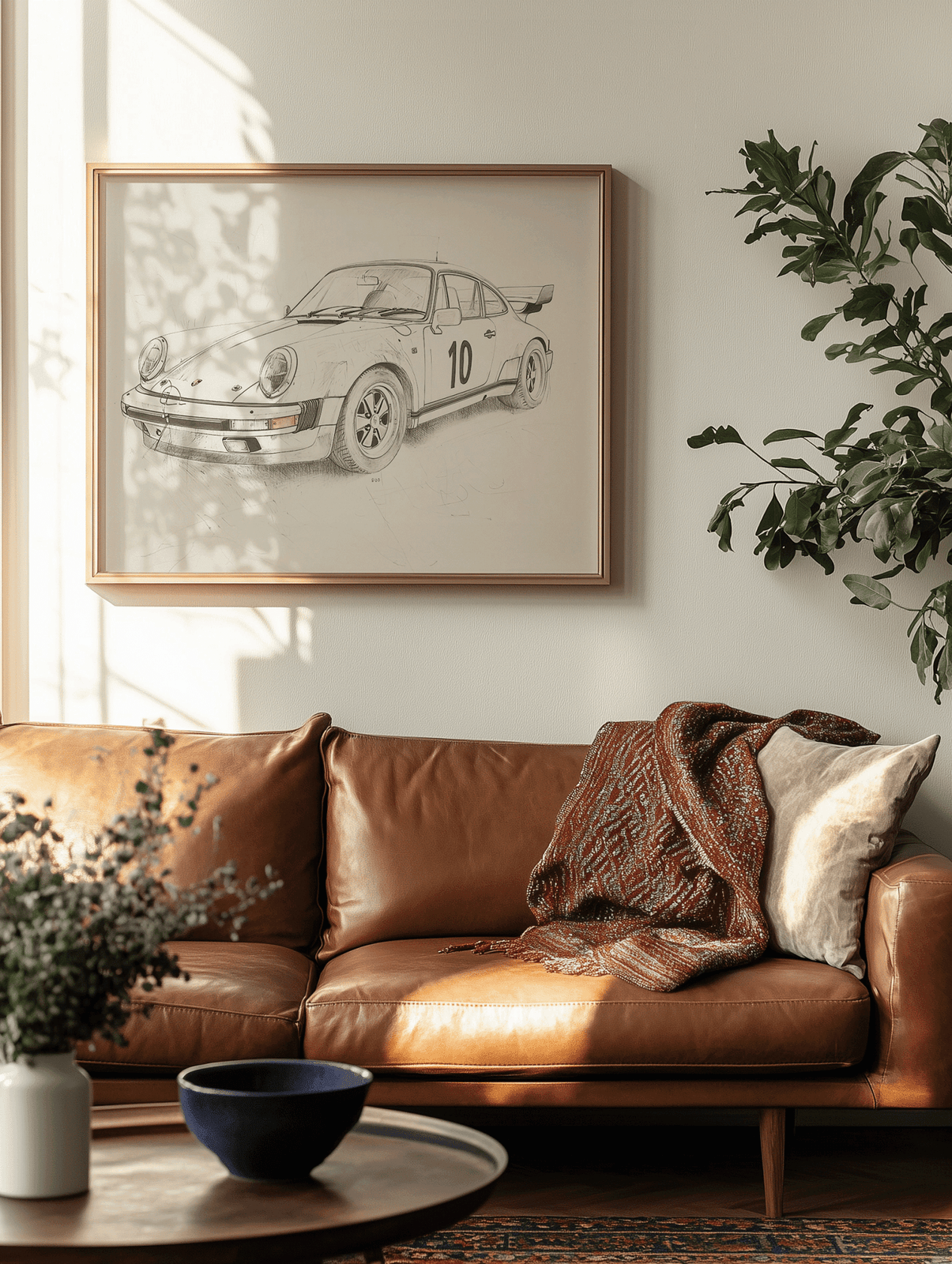 Brown leather sofa in a living room with a framed vintace porsche wall art print on the wall.