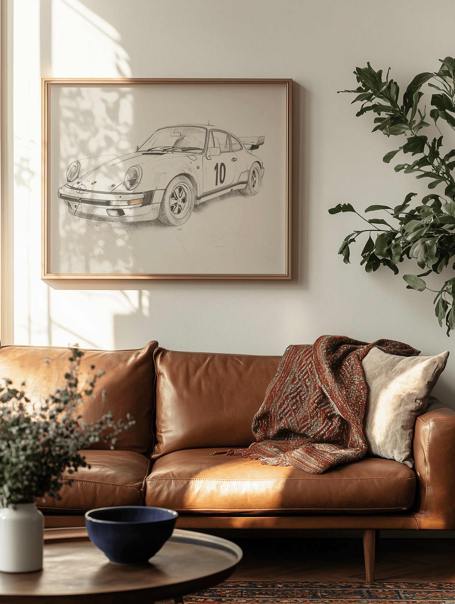 Brown leather sofa in a living room with a framed vintace porsche wall art print on the wall.
