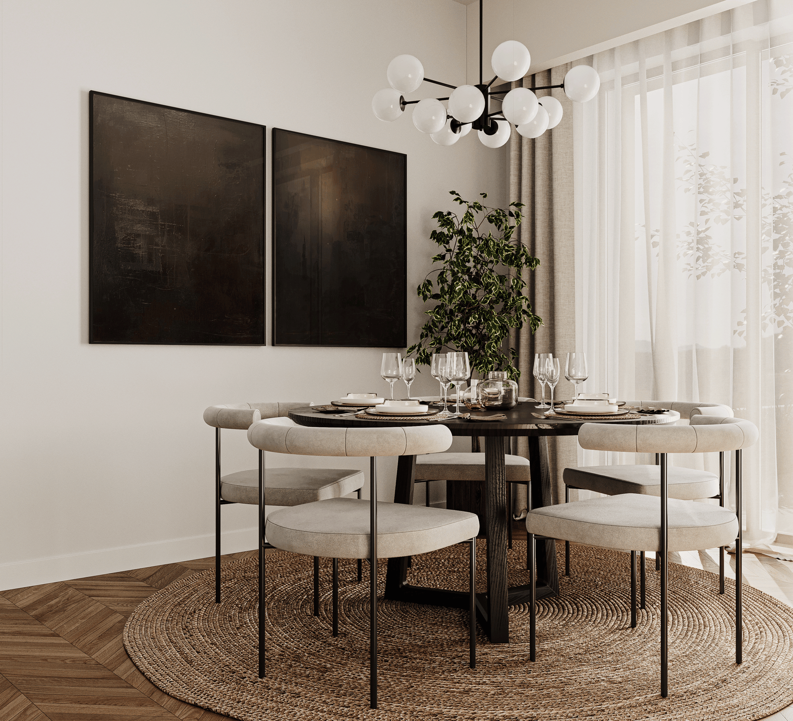 contemporary dining room with a pair of moody black and bronze abstract canvas prints styled above a dark round table, surrounded by beige chairs and warm woven textures