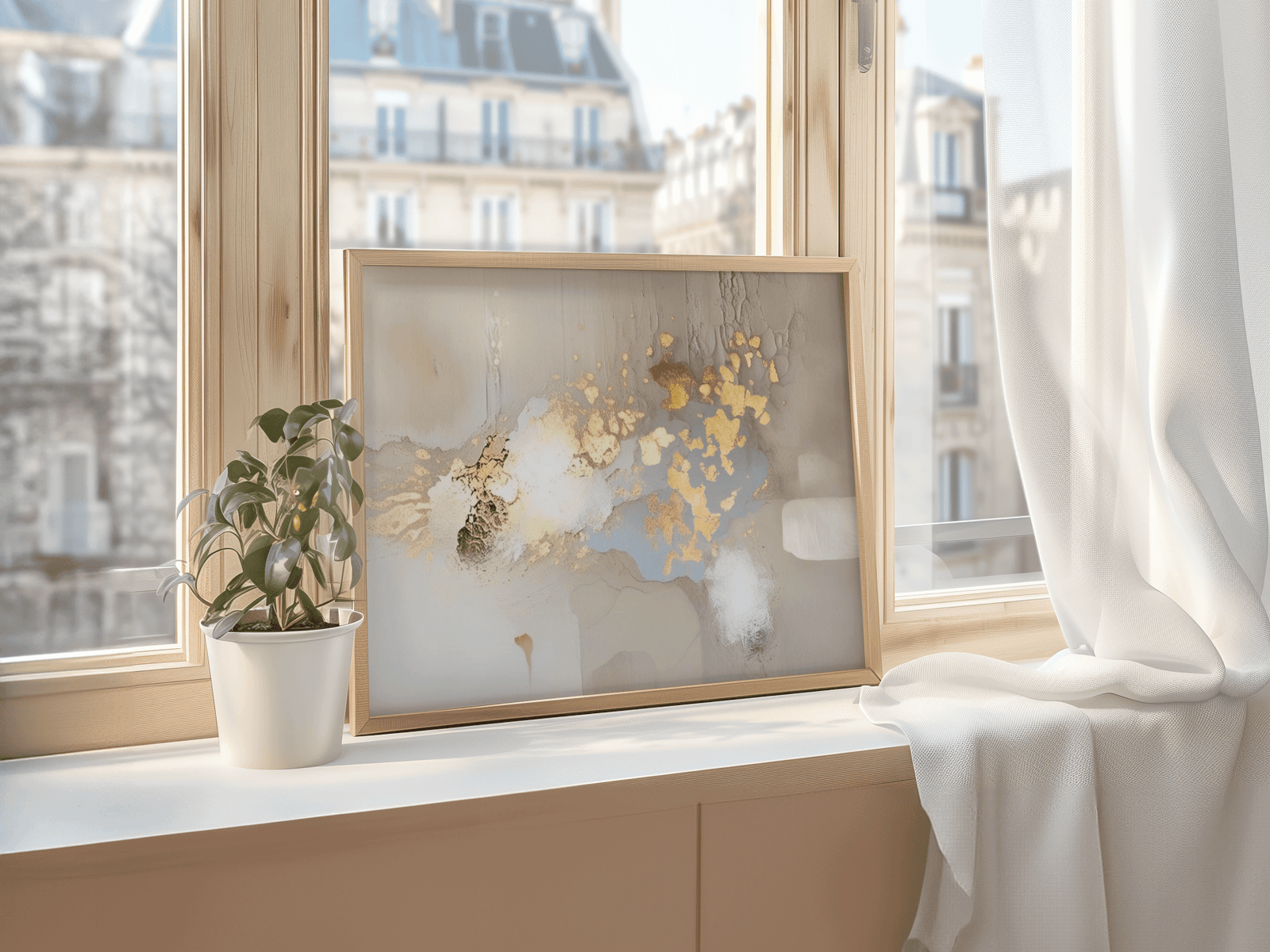 Close-up of contemporary neutral abstract wall art with printed metallic gold details. Framed artwork on a windowsill of an apartment and natural sunlight.