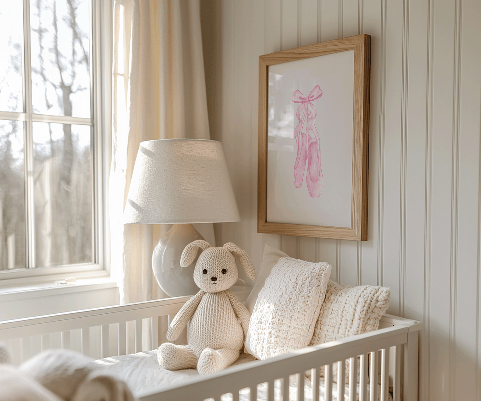 Coquette ballet slipper framed wall art print hung in nursery above crib