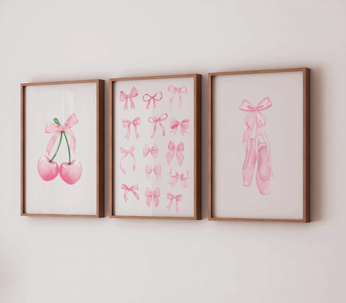 Set of 3 coquette nursery wall art prints framed with cherry, bows, and ballet slippers