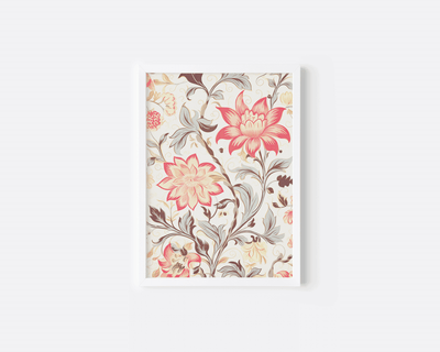 Coral pink vintage floral print with blush blossoms and grey-green leaves on cream in a white frame