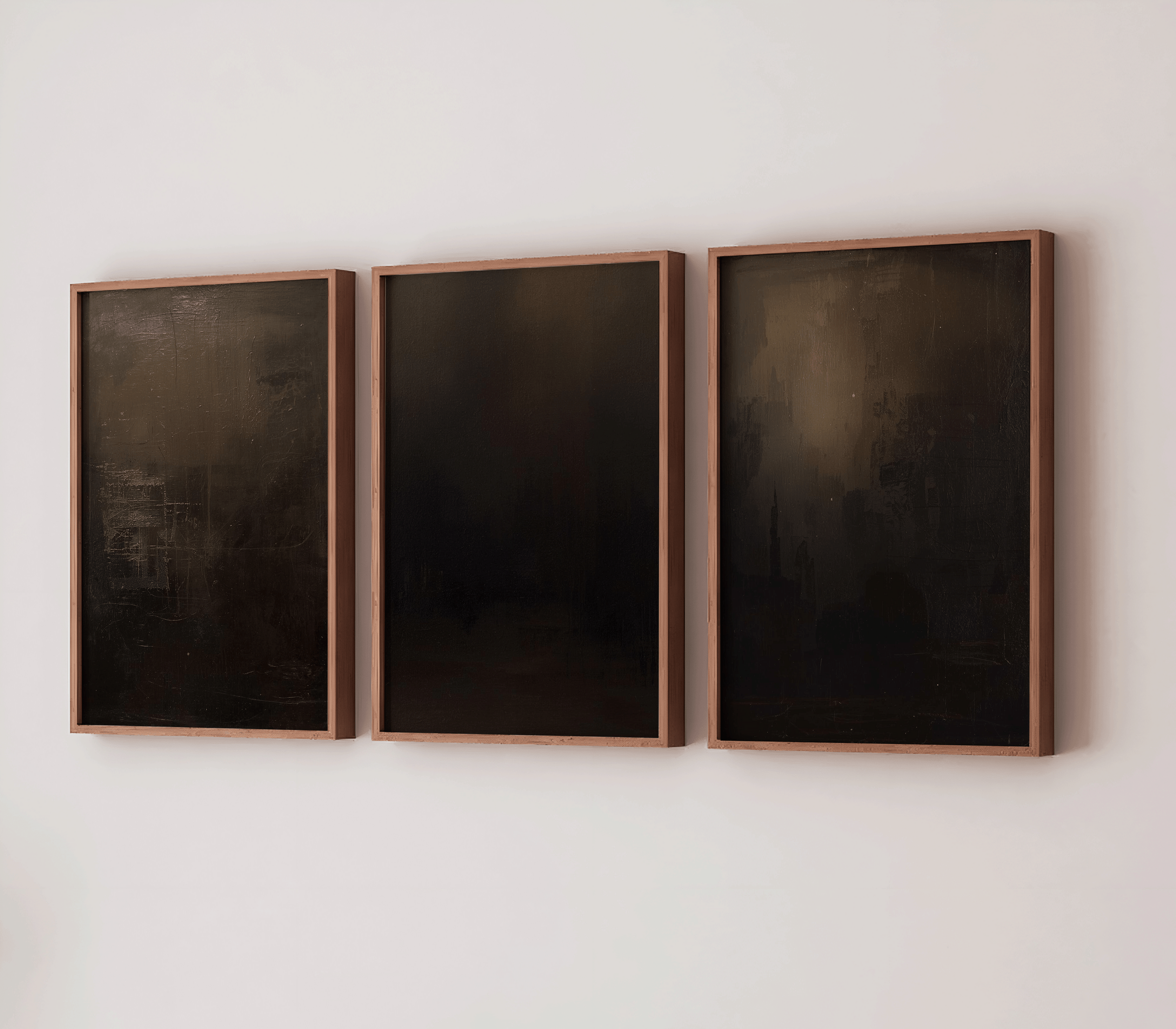 moody dark abstract triptych art set in warm brown frames featuring black and brown minimalist tonal textures, perfect for hallway, bedroom or cottagecore inspired wall décor