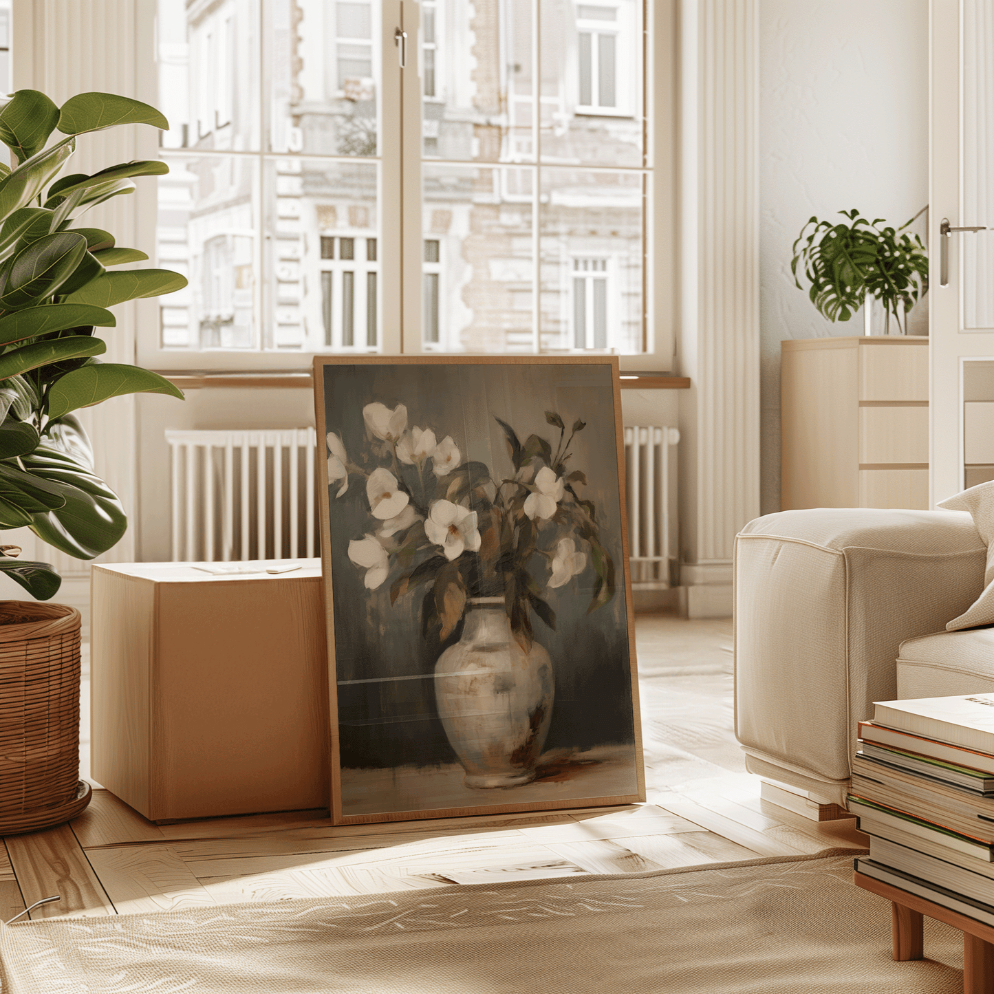 Cottagecore floral wall art in wood frame styled in neutral living room with plant