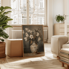 Cottagecore floral wall art in wood frame styled in neutral living room with plant
