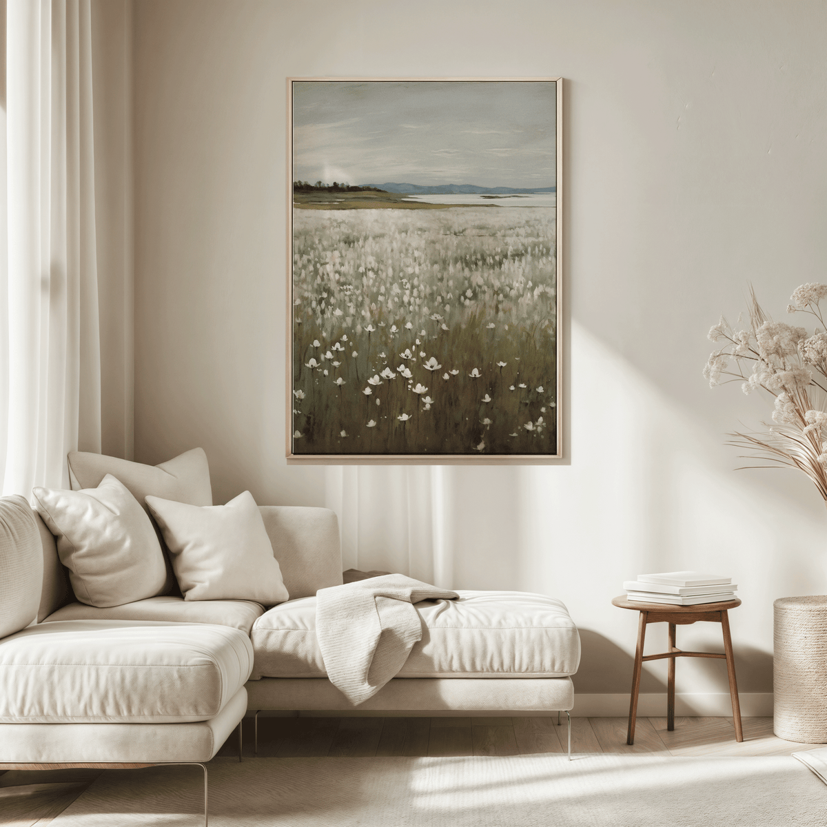 Oversized wildflower landscape print in soft muted colours in a neutral living room