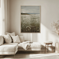 Oversized wildflower landscape print in soft muted colours in a neutral living room