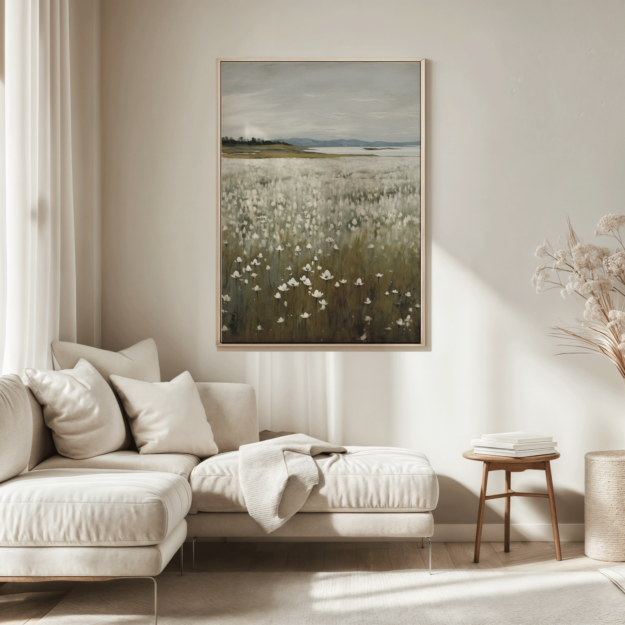 Oversized wildflower landscape canvas with soft muted colors styled in a neutral living room, creating a rustic cottagecore aesthetic perfect for nature-inspired home décor.