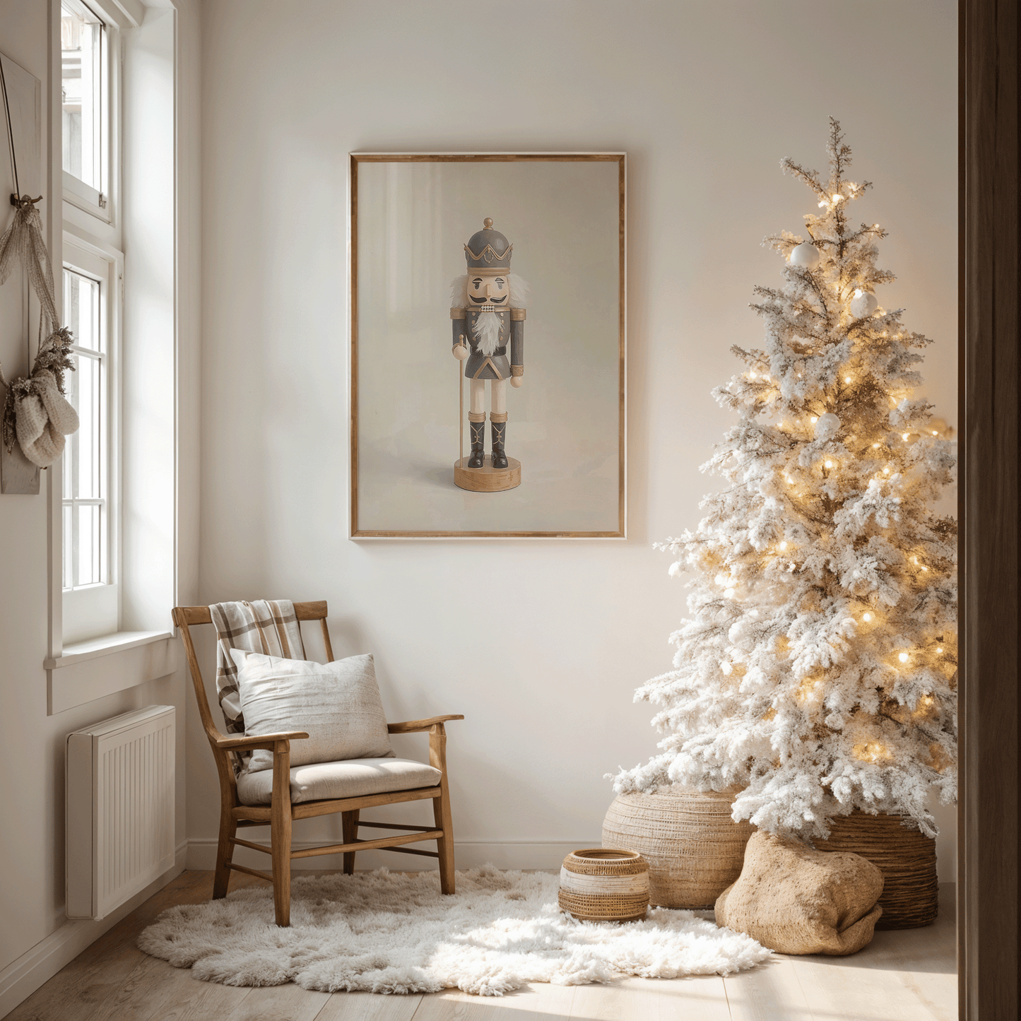 Framed nutcracker Christmas artwork hanging beside a flocked Christmas tree in a cozy corner with a wood chair and layered neutral textiles