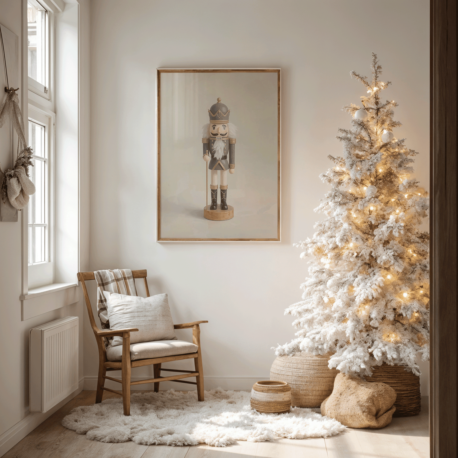Framed nutcracker Christmas artwork hanging beside a flocked Christmas tree in a cozy corner with a wood chair and layered neutral textiles