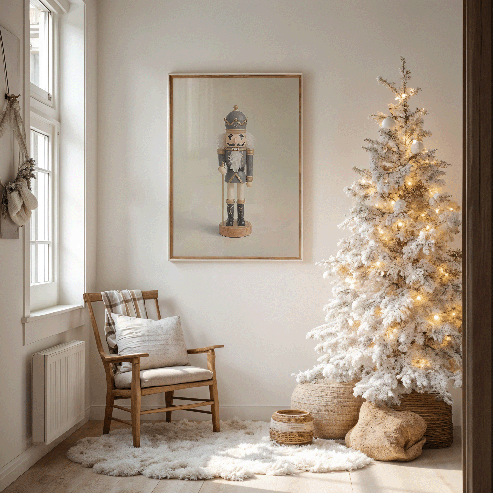 Framed nutcracker Christmas artwork hanging beside a flocked Christmas tree in a cozy corner with a wood chair and layered neutral textiles