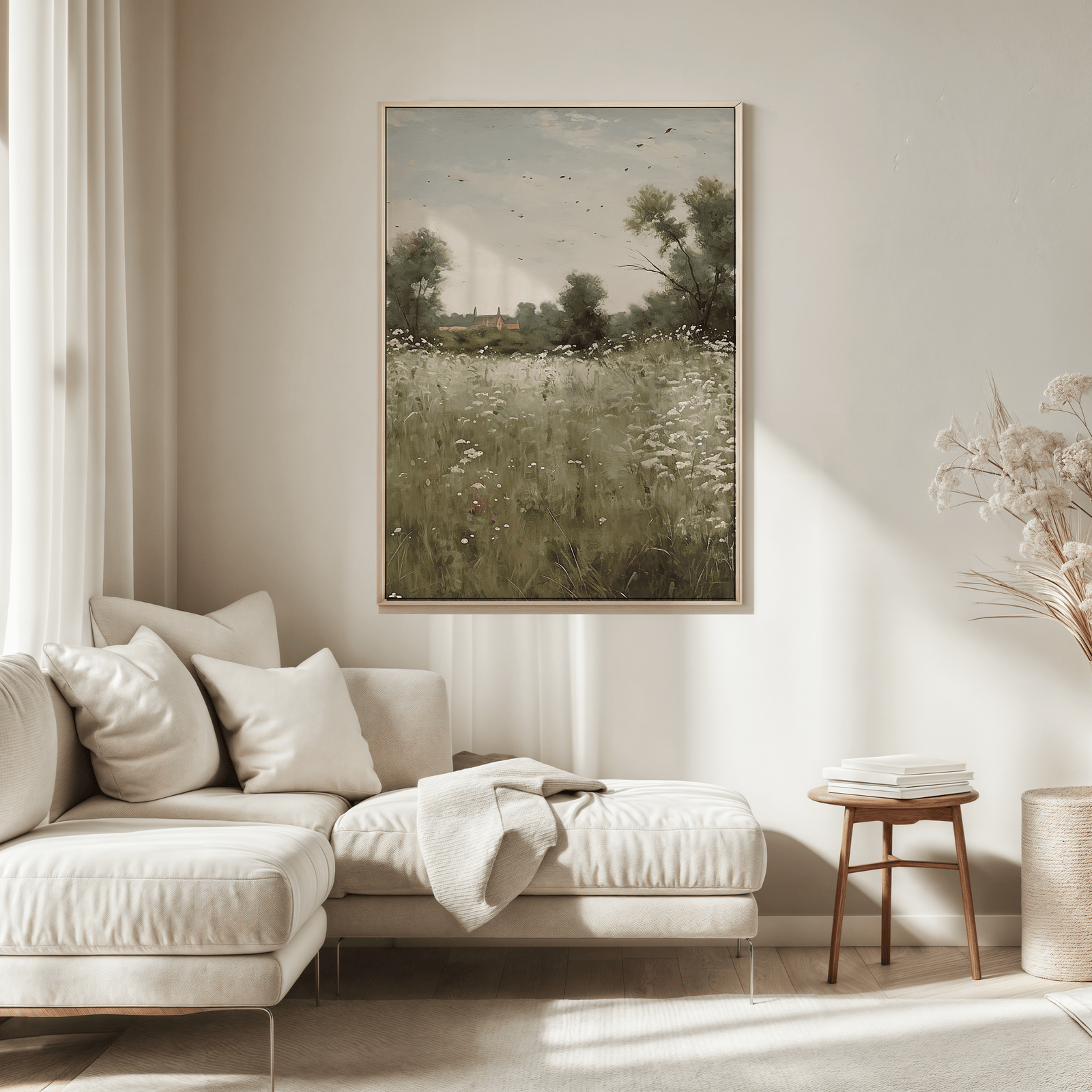 Framed vintage landscape wall art above neutral beige sofa with wildflower meadow scene