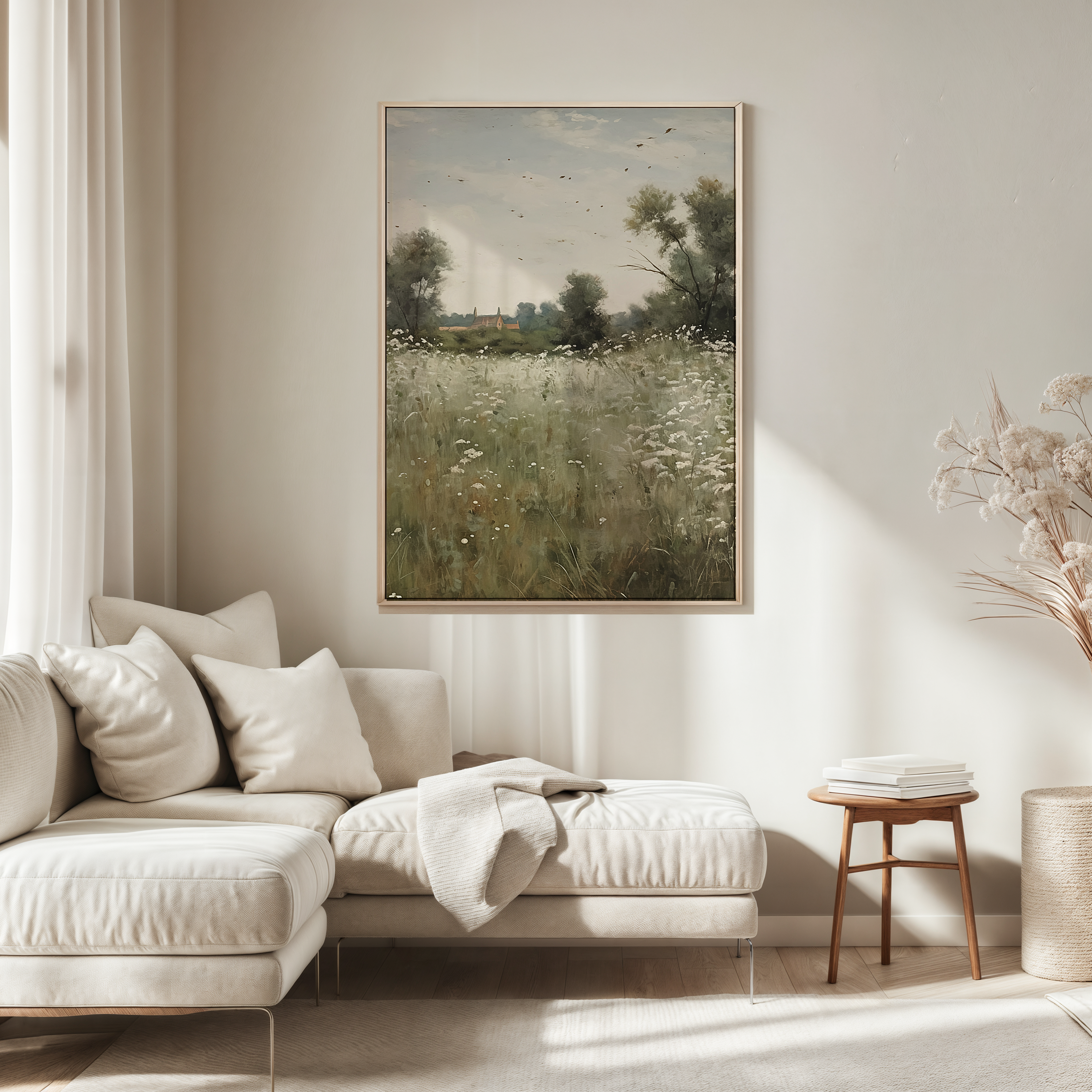 Framed vintage landscape wall art above neutral beige sofa with wildflower meadow scene