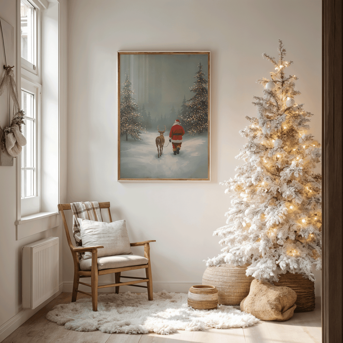 Vintage Santa and reindeer Christmas print beside a flocked Christmas tree