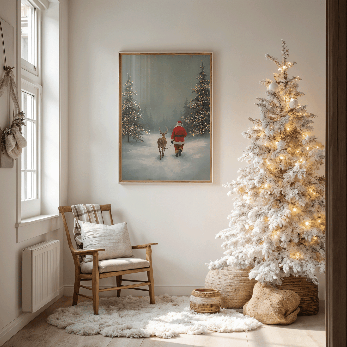 Vintage Santa and reindeer Christmas wall art displayed beside a flocked Christmas tree, ideal for festive living rooms, entryways, or seasonal bedroom décor
